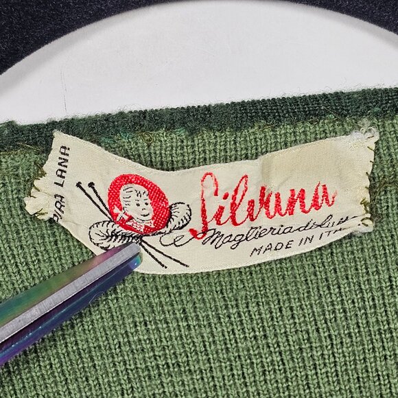 Vintage 70s 80s Silvana Wool Distressed Womens Medium Green Cardigan Sweater - Picture 8 of 9